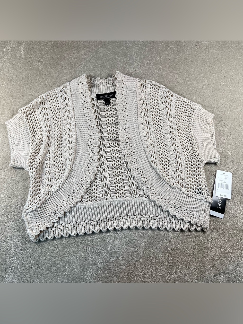 Cropped Cardigan Sweater Open Front Knit NWT Perceptions Beige Women's Large